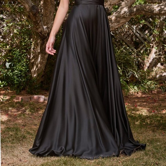 NEW BLACK A-LINE OFF THE SHOULDER SLEEVELESS SATIN DRESS WITH SIDE SLIT CD7493 - Picture 4 of 8